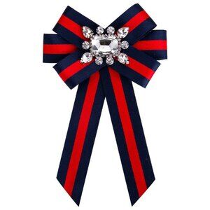Women British Striped Large Big Bow Tie Ribbon Navy-Red Pins Crystal Bro…